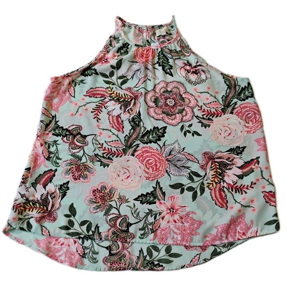 Chenault Women's Floral Light Blue Sleeveless Halter‎ Blouse, Size Petite M